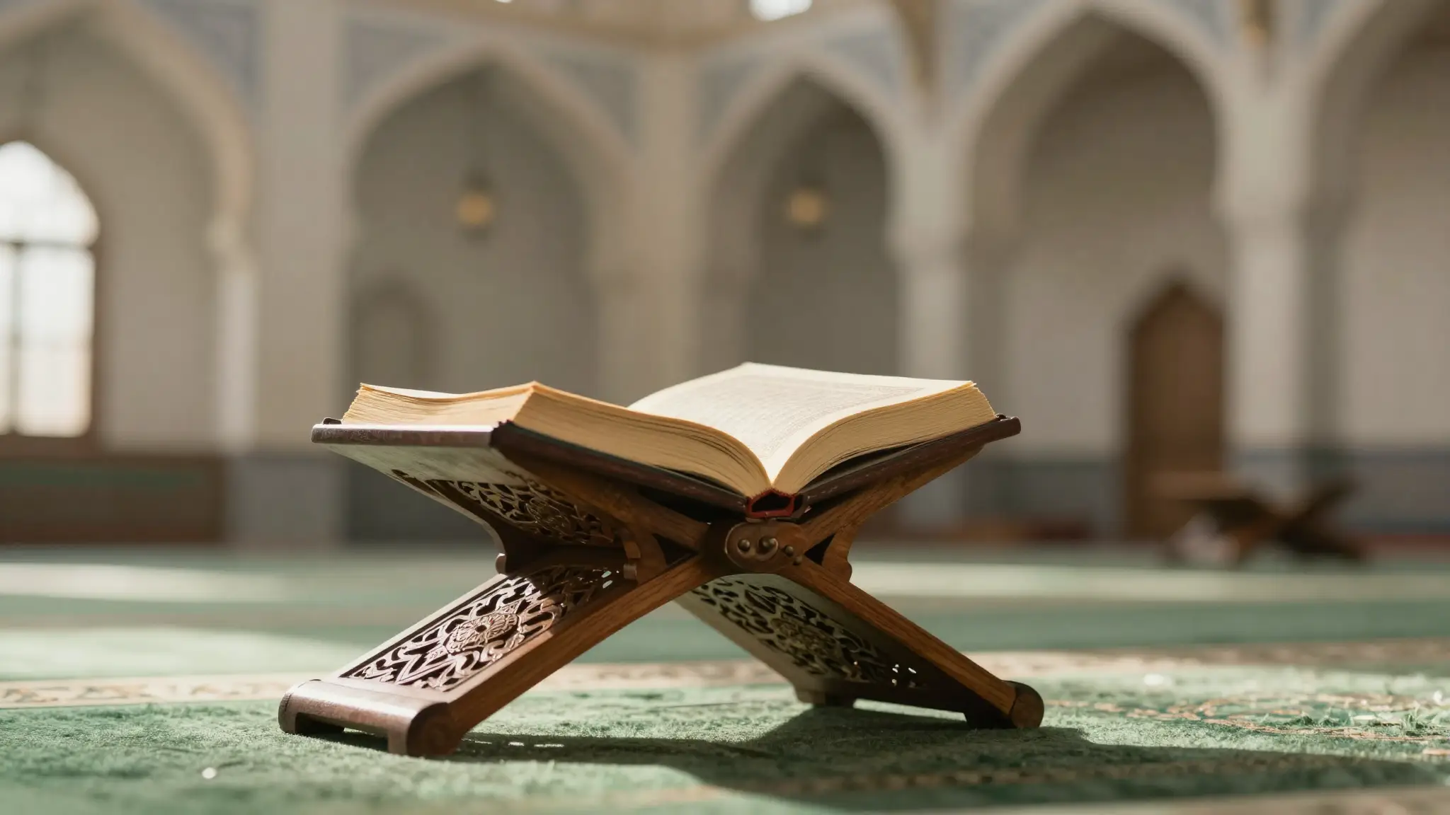 مصحفٌ مفتوحٌ على حاملٍ خشبيٍّ منقوشٍ في ضوءٍ دافئٍ يرمز إلى سور القرآن الكريم وتلاوتها